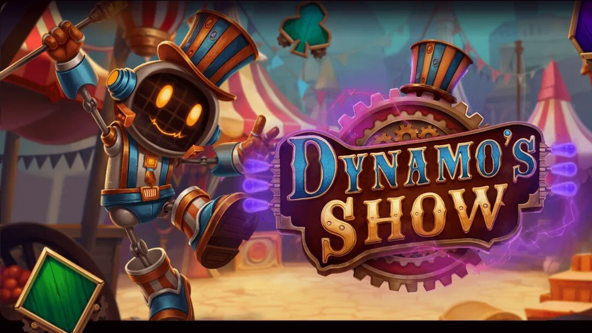 Tampilan visual slot Dynamo’s Show dengan tema sirkus robotik
